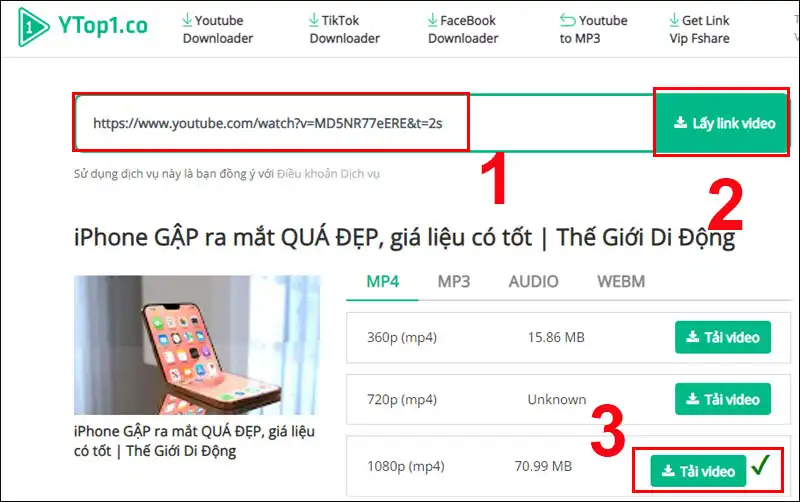 Dán link video muốn tải từ Youtube vào Ytop1.com