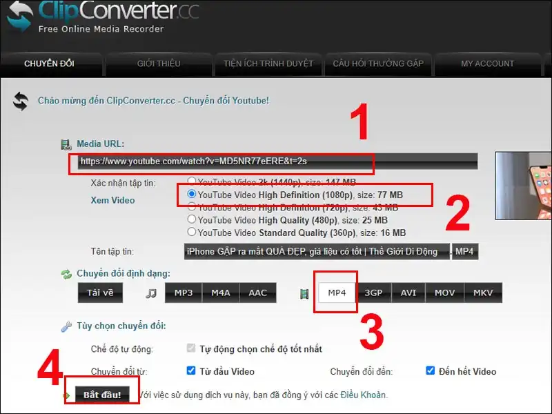 Dán link video muốn tải từ Youtube vào Web Clip Converter