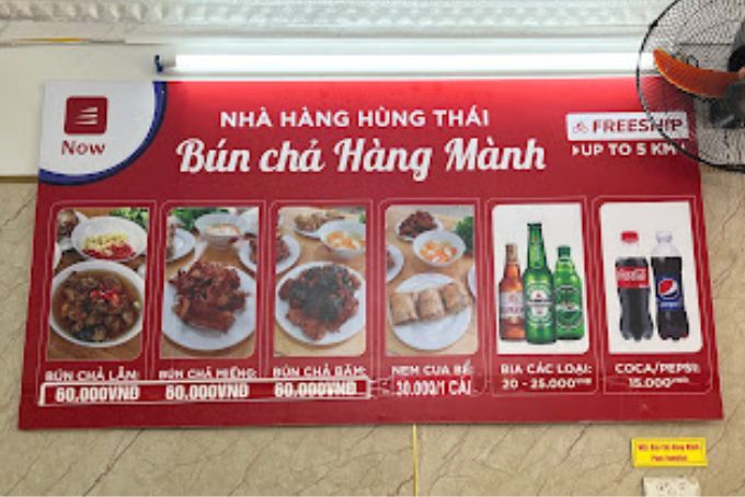 Menu quán bún chả Hùng Thái