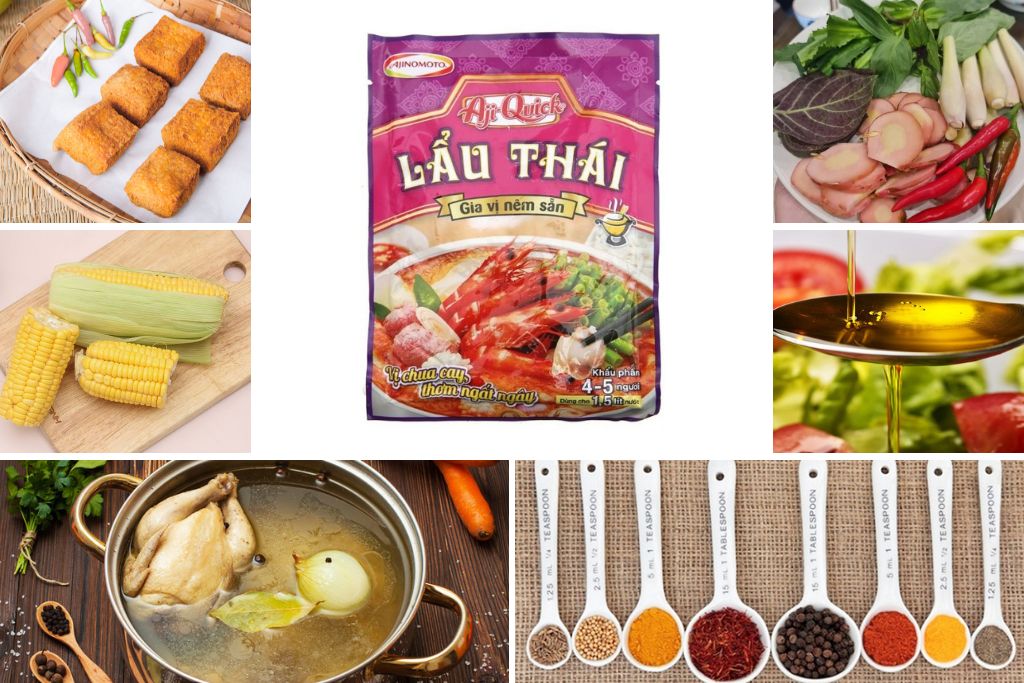 Nguyên liệu lẩu Thái với gói gia vị Aji Quick